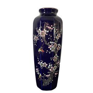 Cobalt Blue Tall Made in Japan Vase with Bird and Blossom Design